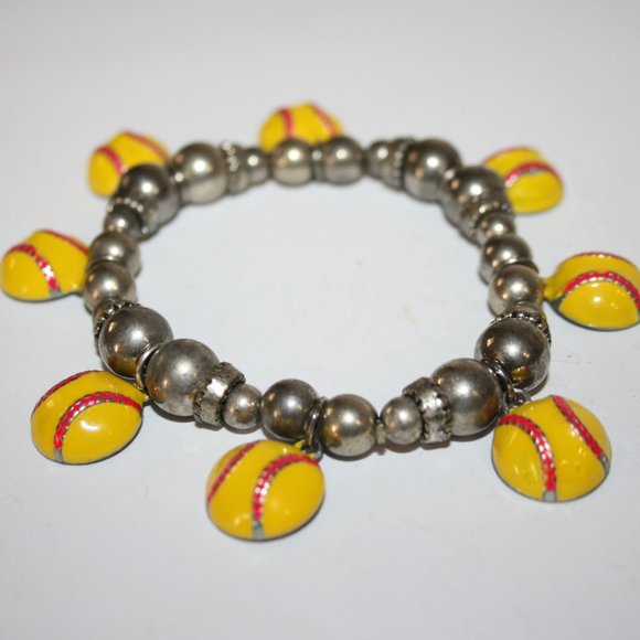 Silver beaded softball charm bracelet 7" - Picture 1 of 4